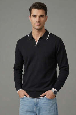 Polo Yaka Uzun Kollu Erkek Triko Sweatshirt Siyah - Erkek Sweatshirt