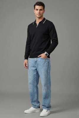 Polo Yaka Uzun Kollu Erkek Triko Sweatshirt Siyah - Erkek Sweatshirt