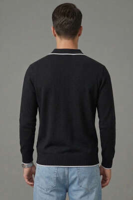 Polo Yaka Uzun Kollu Erkek Triko Sweatshirt Siyah - Erkek Sweatshirt