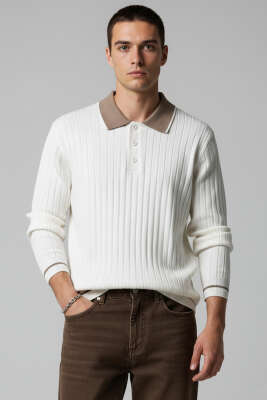 Polo Yaka Uzun Kollu Erkek Triko Sweatshirt Beyaz - WİPEOUT