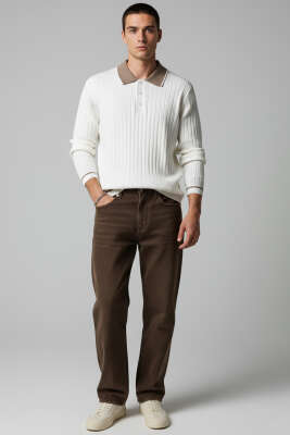 Polo Yaka Uzun Kollu Erkek Triko Sweatshirt Beyaz - Erkek Sweatshirt