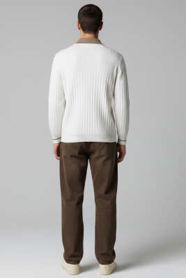 Polo Yaka Uzun Kollu Erkek Triko Sweatshirt Beyaz - Erkek Sweatshirt