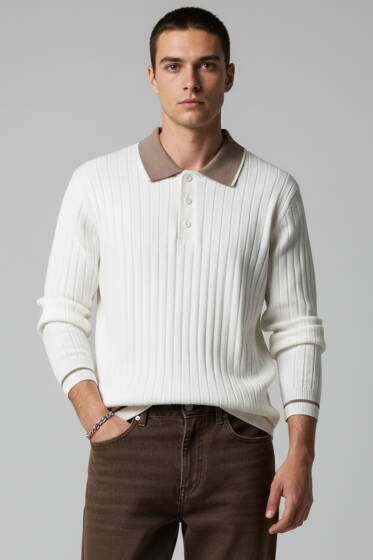 Polo Yaka Uzun Kollu Erkek Triko Sweatshirt Beyaz - Erkek Uzun Kollu Tişört