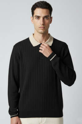 Polo Yaka Uzun Kollu Erkek Triko Sweatshirt Siyah - WİPEOUT