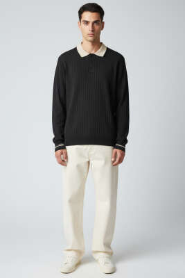 Polo Yaka Uzun Kollu Erkek Triko Sweatshirt Siyah - Erkek Sweatshirt