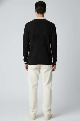 Polo Yaka Uzun Kollu Erkek Triko Sweatshirt Siyah - Erkek Sweatshirt