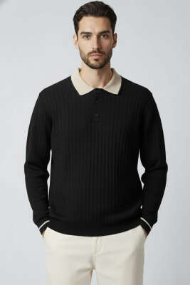 Polo Yaka Uzun Kollu Erkek Triko Sweatshirt Siyah 