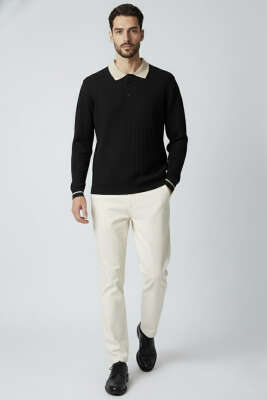 Polo Yaka Uzun Kollu Erkek Triko Sweatshirt Siyah - Erkek Sweatshirt