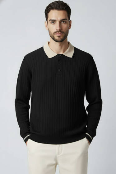 Polo Yaka Uzun Kollu Erkek Triko Sweatshirt Siyah - Erkek Uzun Kollu Tişört