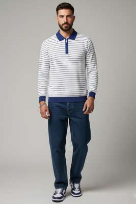 Polo Yaka Waffle Erkek Kazak Beyaz - Erkek Kazak