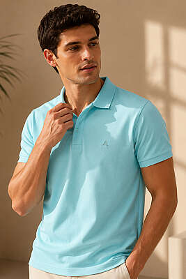 Polo Yaka Yarım Düğmeli Erkek T-shirt Aqua 