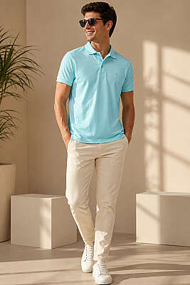 Polo Yaka Yarım Düğmeli Erkek T-shirt Aqua - Erkek T-shirt