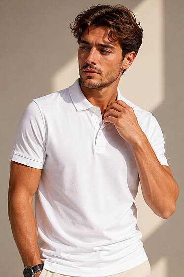 Polo Yaka Yarım Düğmeli Erkek T-shirt Beyaz - Erkek T-shirt