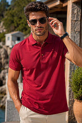 Polo Yaka Yarım Düğmeli Erkek T-shirt Bordo 
