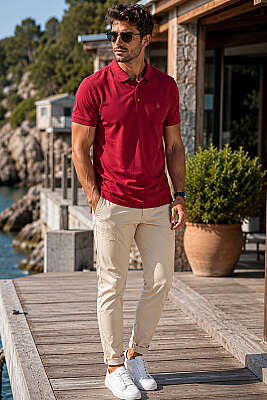 Polo Yaka Yarım Düğmeli Erkek T-shirt Bordo - Erkek T-shirt