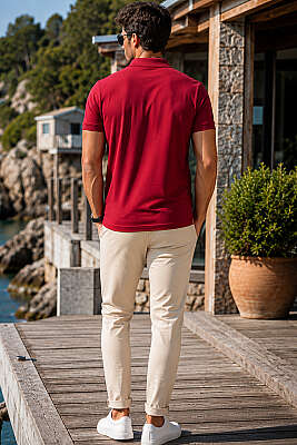 Polo Yaka Yarım Düğmeli Erkek T-shirt Bordo - Erkek T-shirt