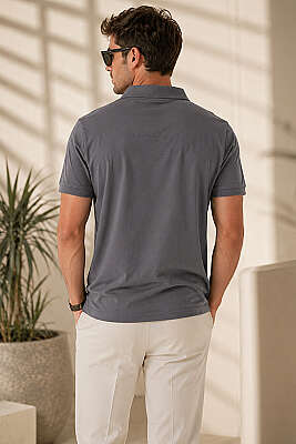 Polo Yaka Yarım Düğmeli Erkek T-shirt Füme - Erkek T-shirt
