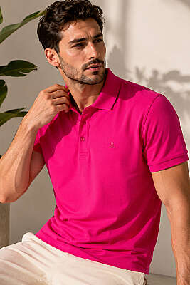 Polo Yaka Yarım Düğmeli Erkek T-shirt Fuşya 