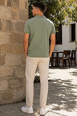 Polo Yaka Yarım Düğmeli Erkek T-shirt Haki - Erkek T-shirt