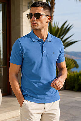 Polo Yaka Yarım Düğmeli Erkek T-shirt İndigo 
