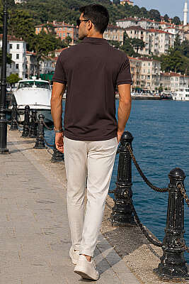 Polo Yaka Yarım Düğmeli Erkek T-shirt Kahve - Erkek T-shirt