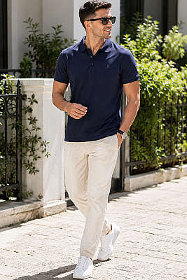 Polo Yaka Yarım Düğmeli Erkek T-shirt Lacivert - Erkek T-shirt