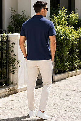 Polo Yaka Yarım Düğmeli Erkek T-shirt Lacivert - Erkek T-shirt