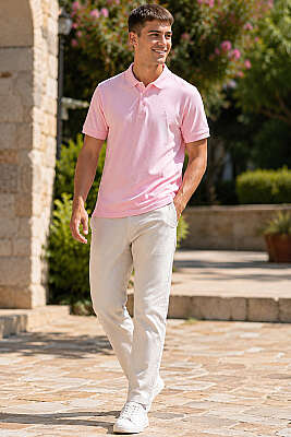 Polo Yaka Yarım Düğmeli Erkek T-shirt Pembe - Erkek T-shirt
