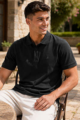 Polo Yaka Yarım Düğmeli Erkek T-shirt Siyah - HİT TİME