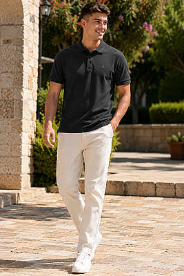 Polo Yaka Yarım Düğmeli Erkek T-shirt Siyah - Erkek T-shirt