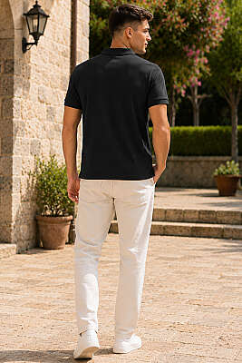 Polo Yaka Yarım Düğmeli Erkek T-shirt Siyah - Erkek T-shirt