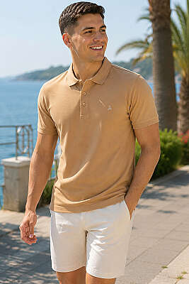 Polo Yaka Yarım Düğmeli Erkek T-shirt Taba 