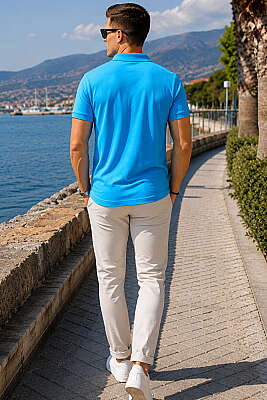 Polo Yaka Yarım Düğmeli Erkek T-shirt Turkuaz - Erkek T-shirt