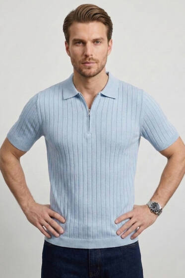 Polo Yaka Yarım Fermuarlı Erkek T-shirt Bebe Mavi - Yeni Erkek Giyim