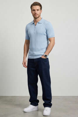 Polo Yaka Yarım Fermuarlı Erkek T-shirt Bebe Mavi - Yeni Erkek Giyim