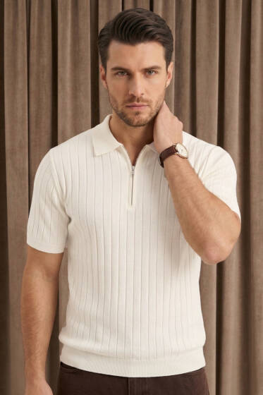 Polo Yaka Yarım Fermuarlı Erkek T-shirt Beyaz - Beyaz Polo Yaka Tişört