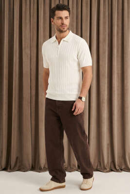 Polo Yaka Yarım Fermuarlı Erkek T-shirt Beyaz - Yeni Erkek Giyim