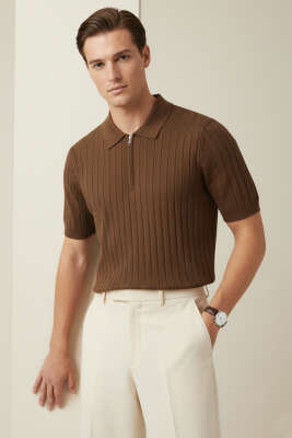 Polo Yaka Yarım Fermuarlı Erkek T-shirt Kahve 