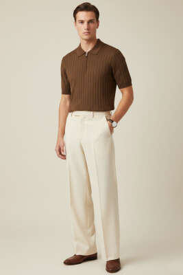 Polo Yaka Yarım Fermuarlı Erkek T-shirt Kahve - Yeni Erkek Giyim