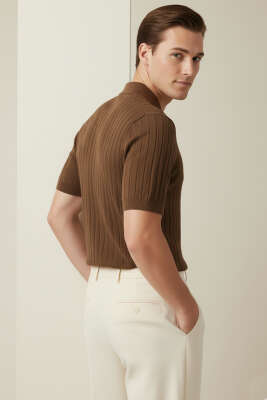 Polo Yaka Yarım Fermuarlı Erkek T-shirt Kahve - Yeni Erkek Giyim