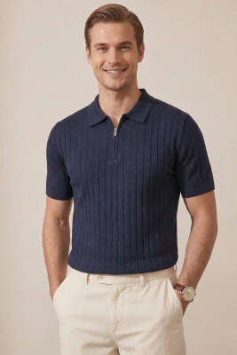 Polo Yaka Yarım Fermuarlı Erkek T-shirt Lacivert - DEEP POİNT