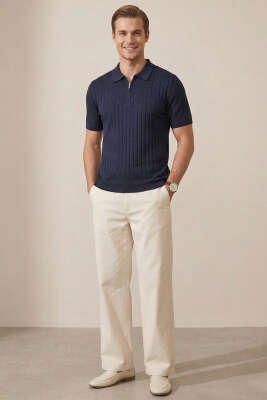 Polo Yaka Yarım Fermuarlı Erkek T-shirt Lacivert - Yeni Erkek Giyim