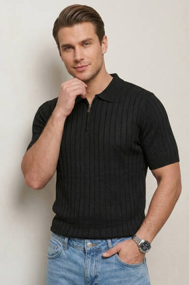 Polo Yaka Yarım Fermuarlı Erkek T-shirt Siyah - Yeni Erkek Giyim