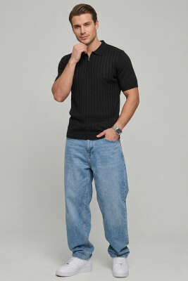 Polo Yaka Yarım Fermuarlı Erkek T-shirt Siyah - Yeni Erkek Giyim