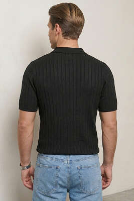 Polo Yaka Yarım Fermuarlı Erkek T-shirt Siyah - Yeni Erkek Giyim