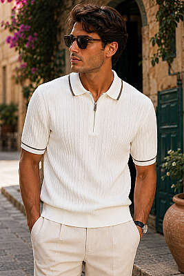 Polo Yaka Yarım Fermuarlı Merserize Erkek T-shirt Beyaz - WİPEOUT