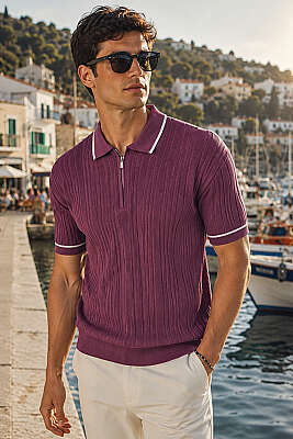 Polo Yaka Yarım Fermuarlı Merserize Erkek T-shirt Mürdüm 