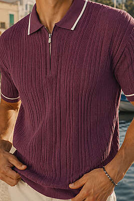 Polo Yaka Yarım Fermuarlı Merserize Erkek T-shirt Mürdüm - Erkek Polo Yaka Tişört