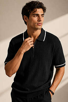 Polo Yaka Yarım Fermuarlı Merserize Erkek T-shirt Siyah - WİPEOUT