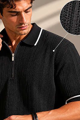 Polo Yaka Yarım Fermuarlı Merserize Erkek T-shirt Siyah - Siyah Polo Yaka Tişört